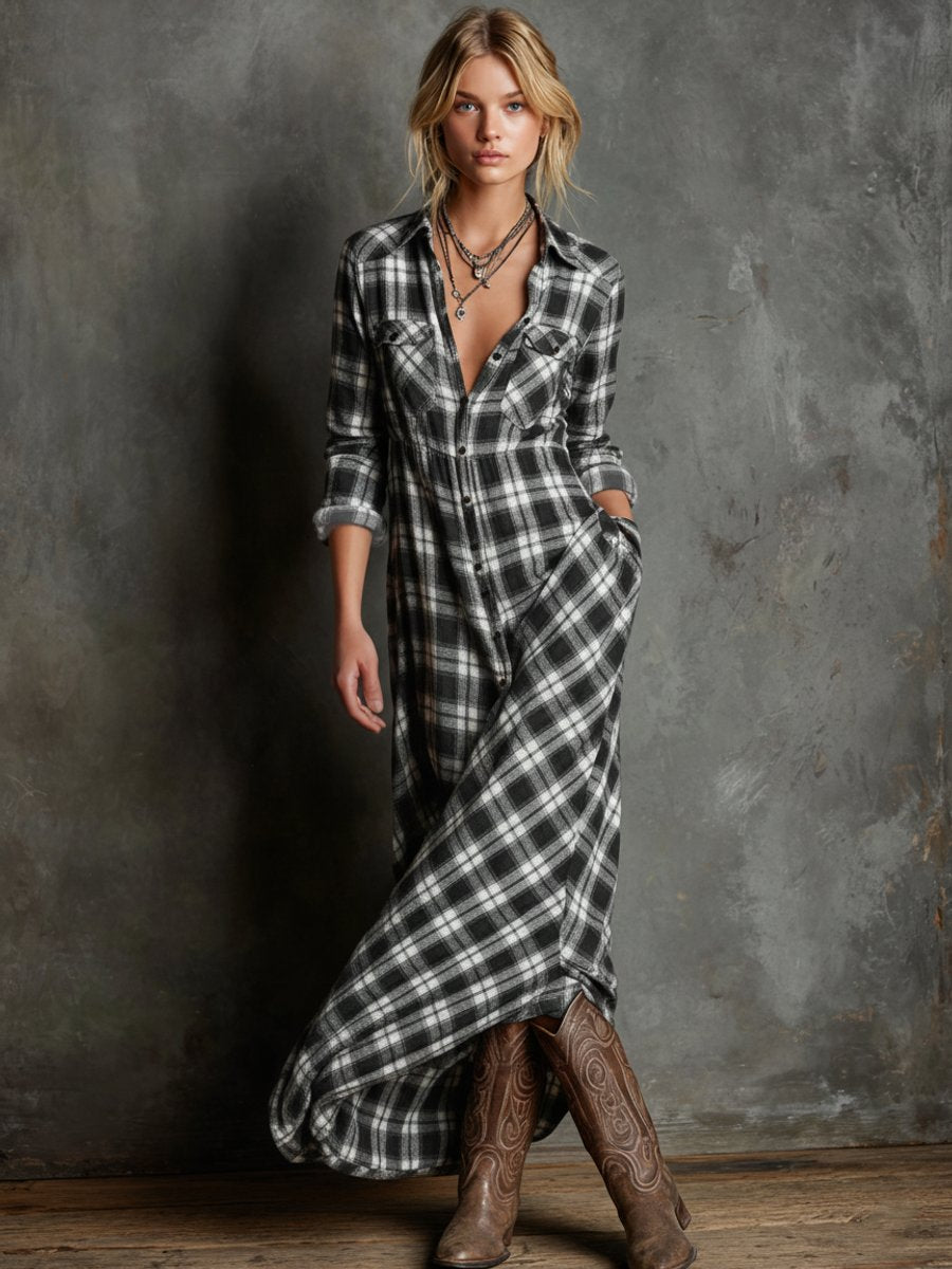 Women's Plaid Flannel Long-Sleeve Maxi Shirt Formal Dresses - Black