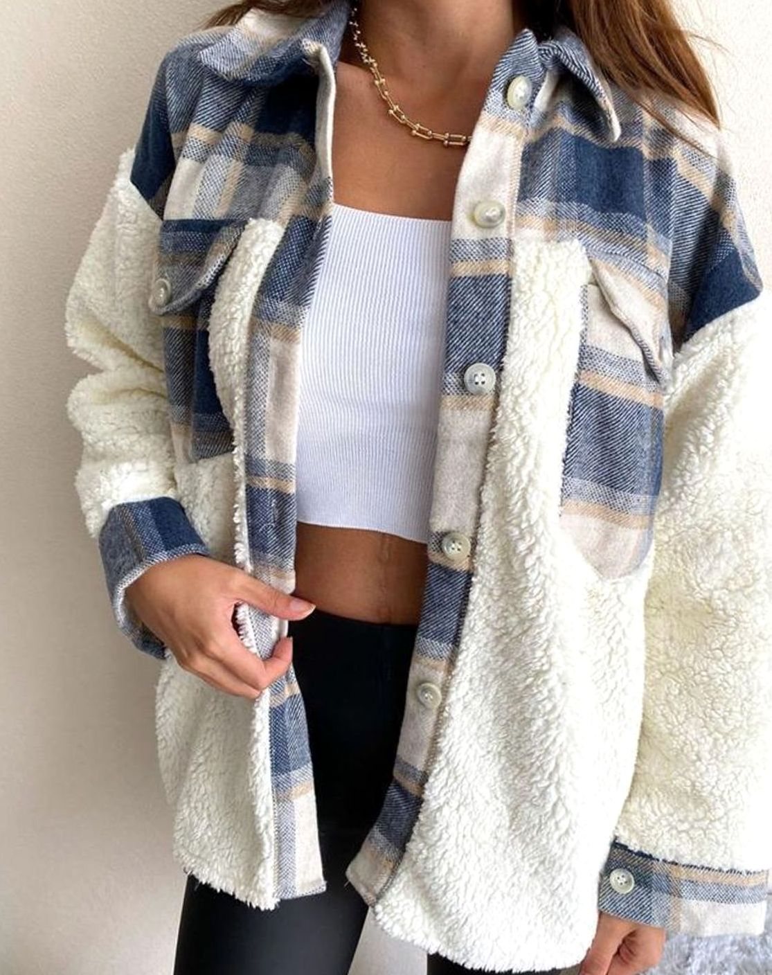 Women's Plaid Fleece-Lined Button-Up Shacket - Blue