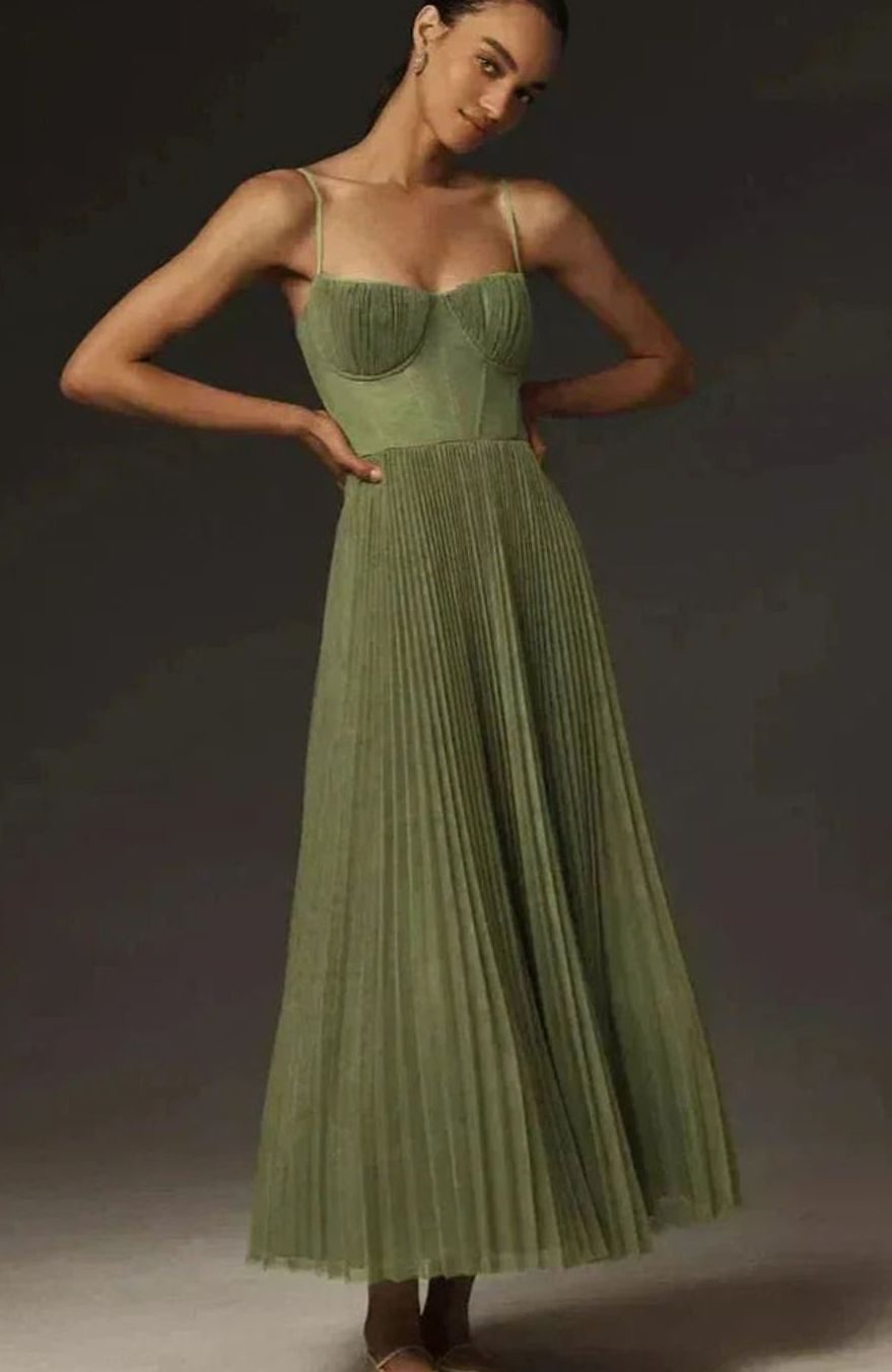 Women's Pleated Bustier Midi Dress Adjustable Spaghetti Straps - Green