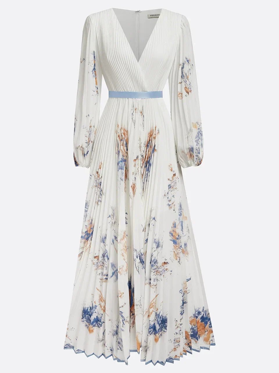 Women's Pleated Floral-Print Deep V-Neck Puff-Sleeve Maxi Dress