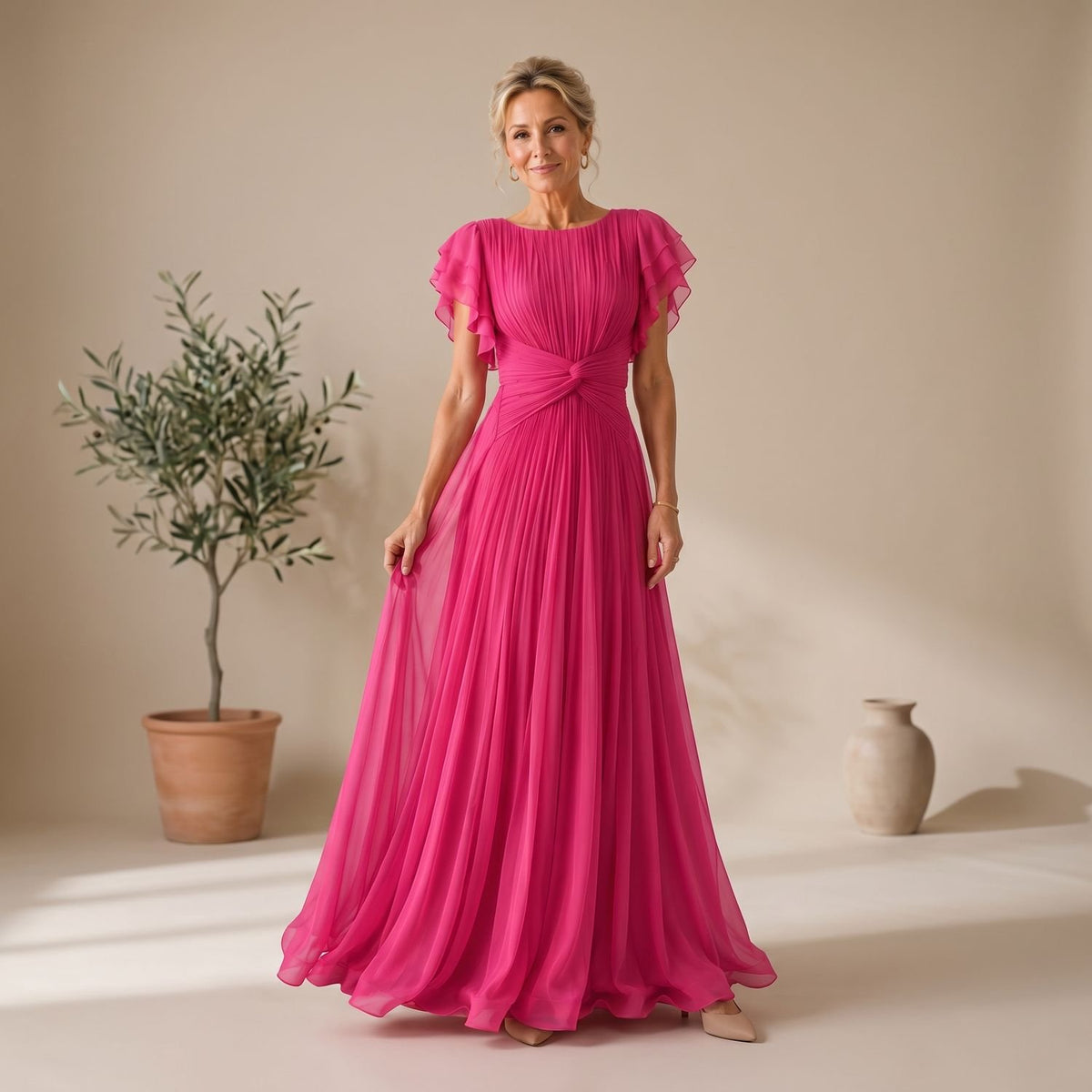 Women's Pleated Flutter-Sleeve Maxi Evening Gown