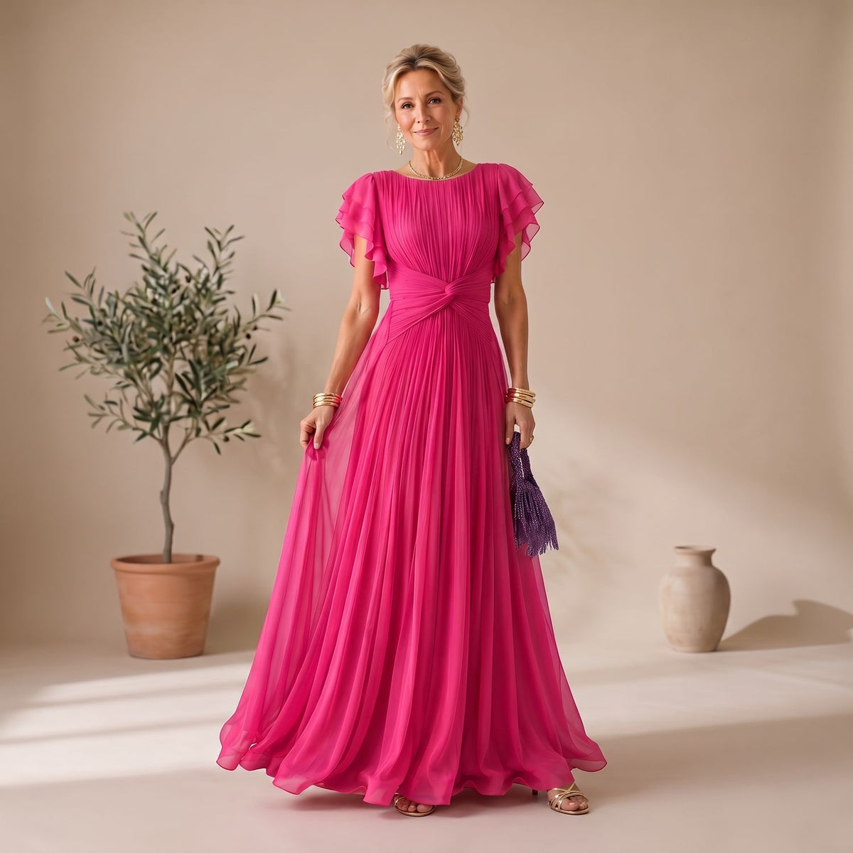 Women's Pleated Flutter-Sleeve Maxi Evening Gown