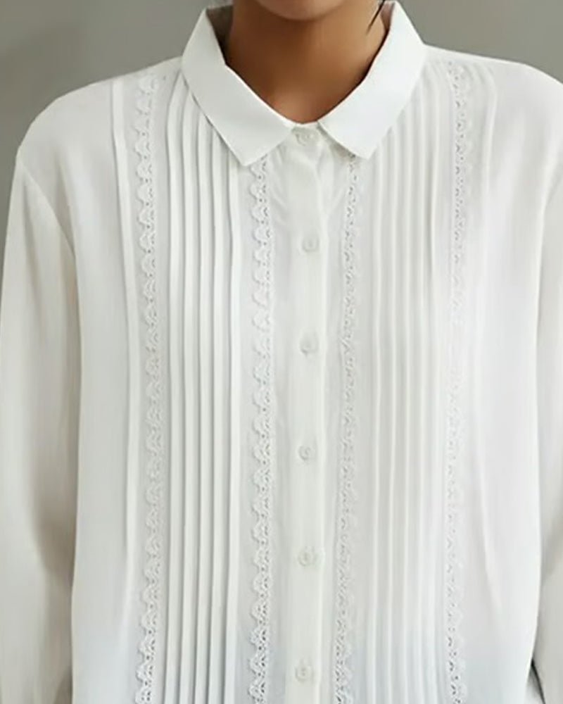 Women's Pleated Lace-Trim Long-Sleeve Button-Up Blouse