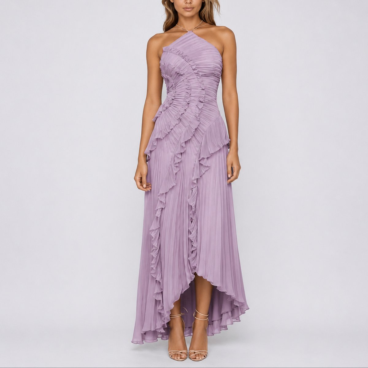 Women's Pleated Ruffle Halter Asymmetric Maxi Dress - Purple