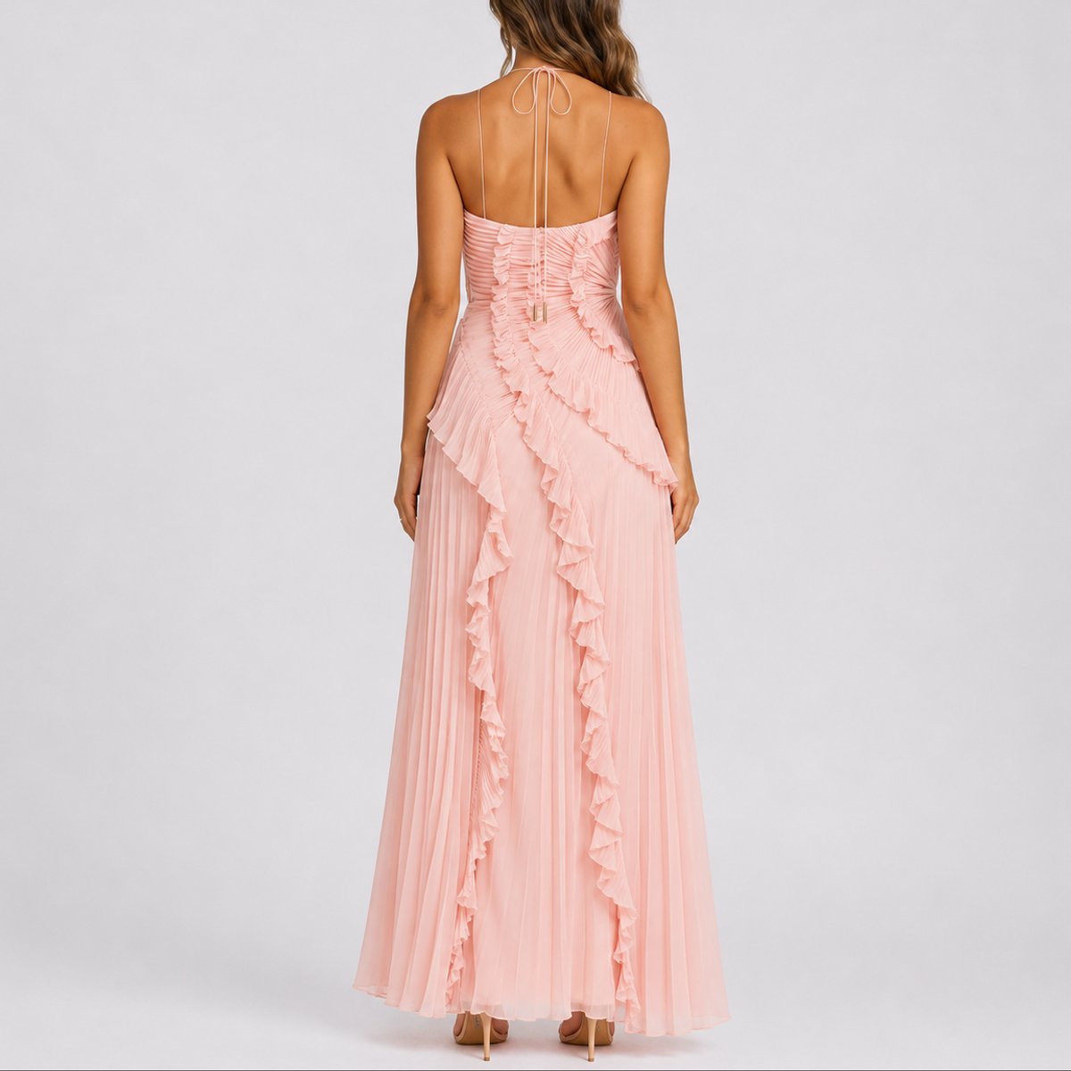 Women's Pleated Ruffle Halter Asymmetric Maxi Dress