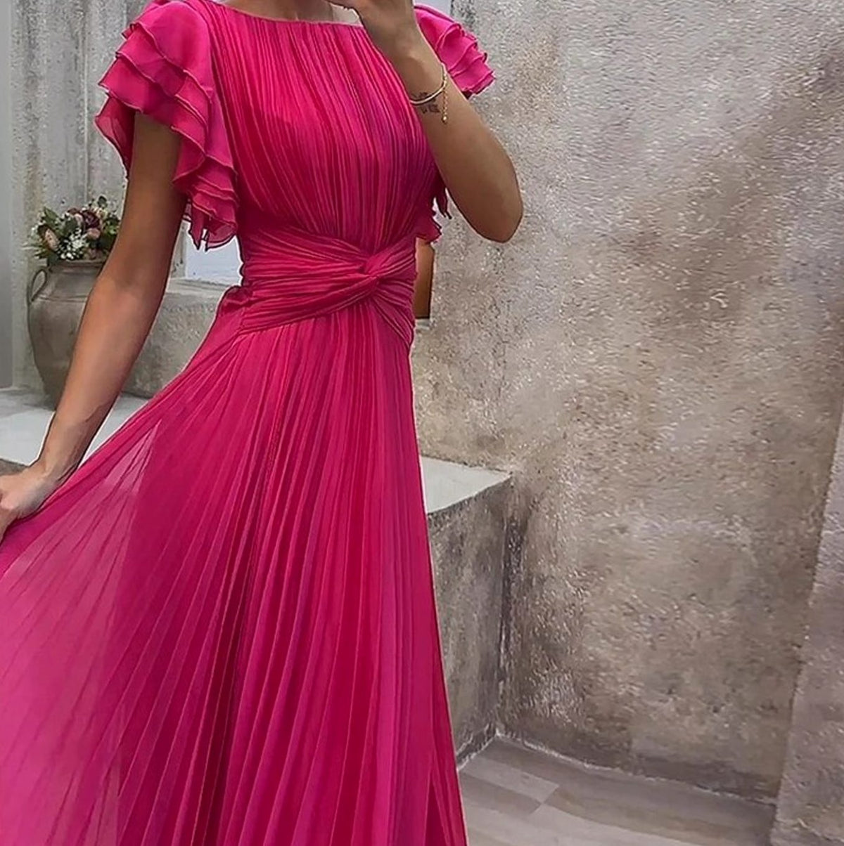 Women's Pleated Ruffle-Sleeve Formal Maxi Evening Gown