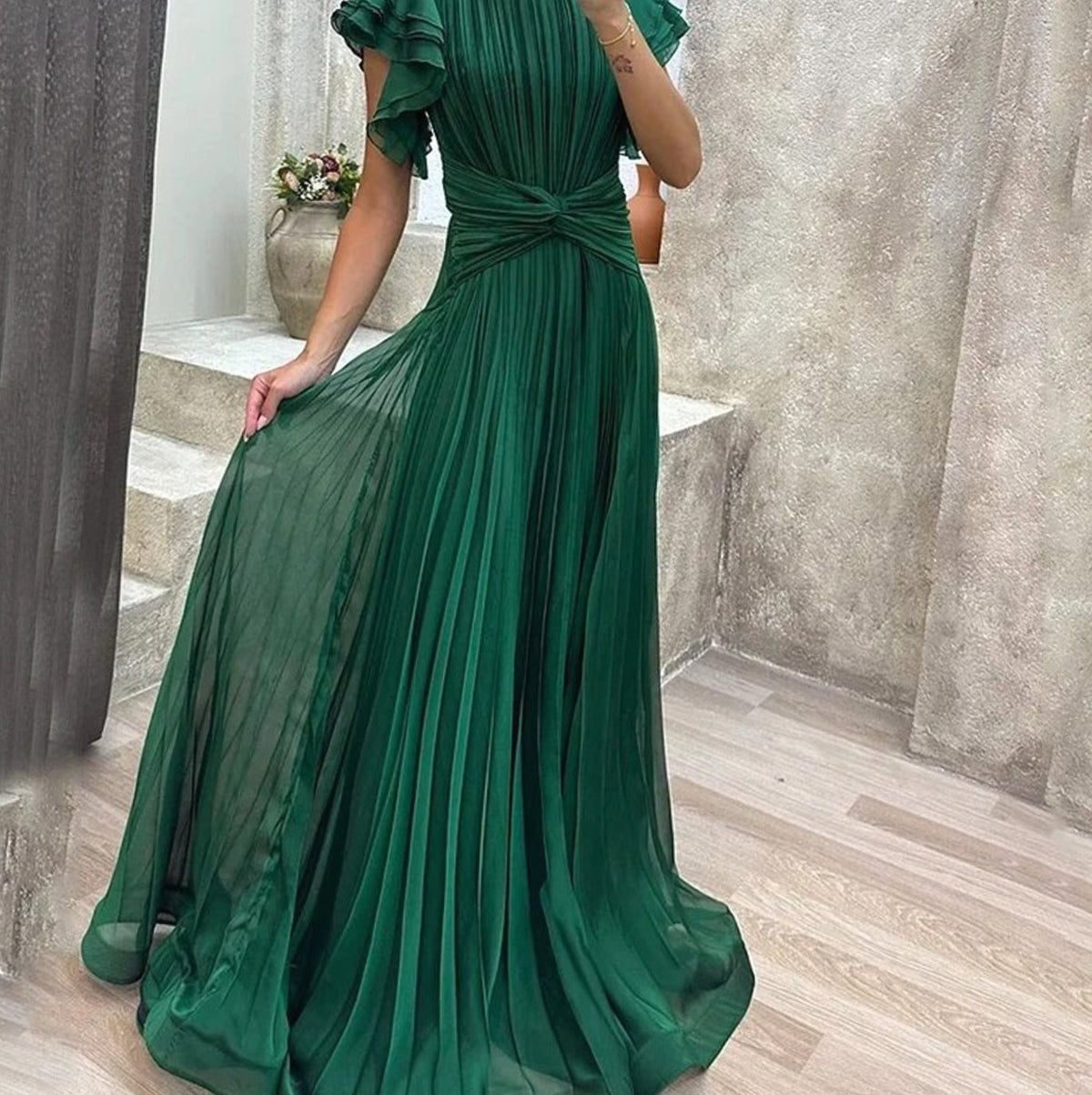 Women's Pleated Ruffle-Sleeve Formal Maxi Evening Gown