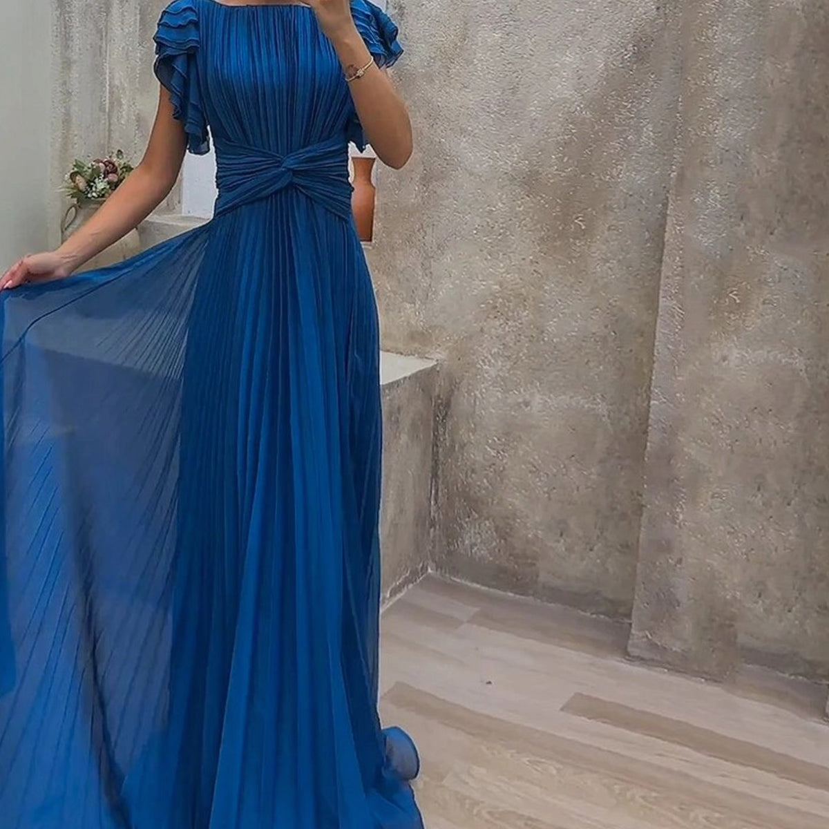 Women's Pleated Ruffle-Sleeve Formal Maxi Evening Gown - Blue