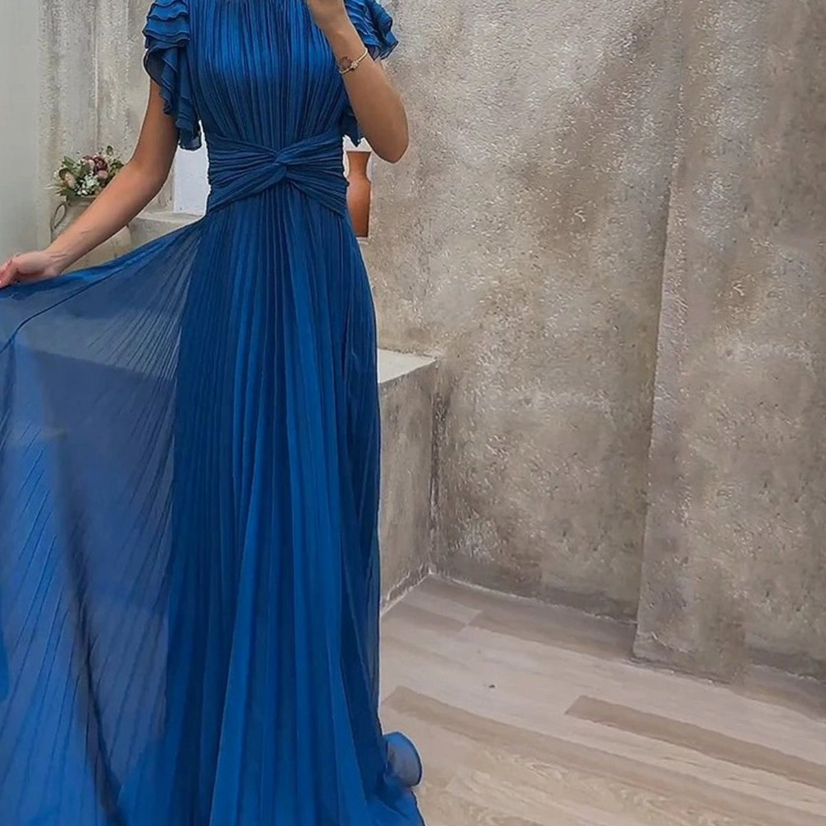 Women's Pleated Ruffle-Sleeve Formal Maxi Evening Gown