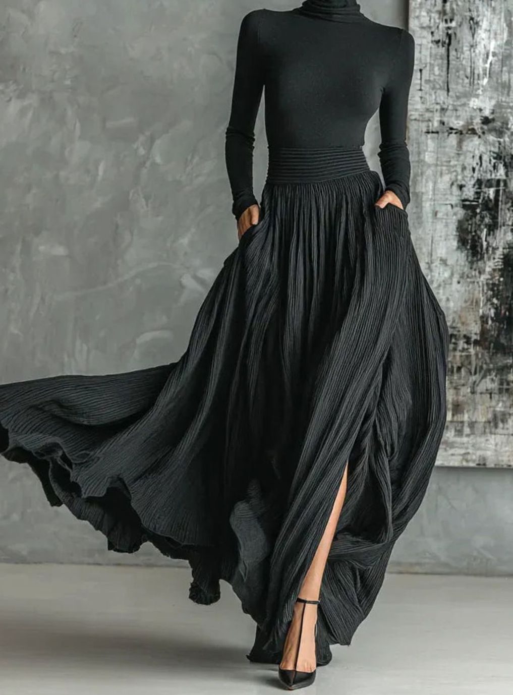 Women's Pleated Turtleneck Skirt Set Long-Sleeve Cotton-Blend - Black
