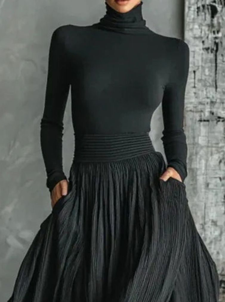 Women's Pleated Turtleneck Skirt Set Long-Sleeve Cotton-Blend