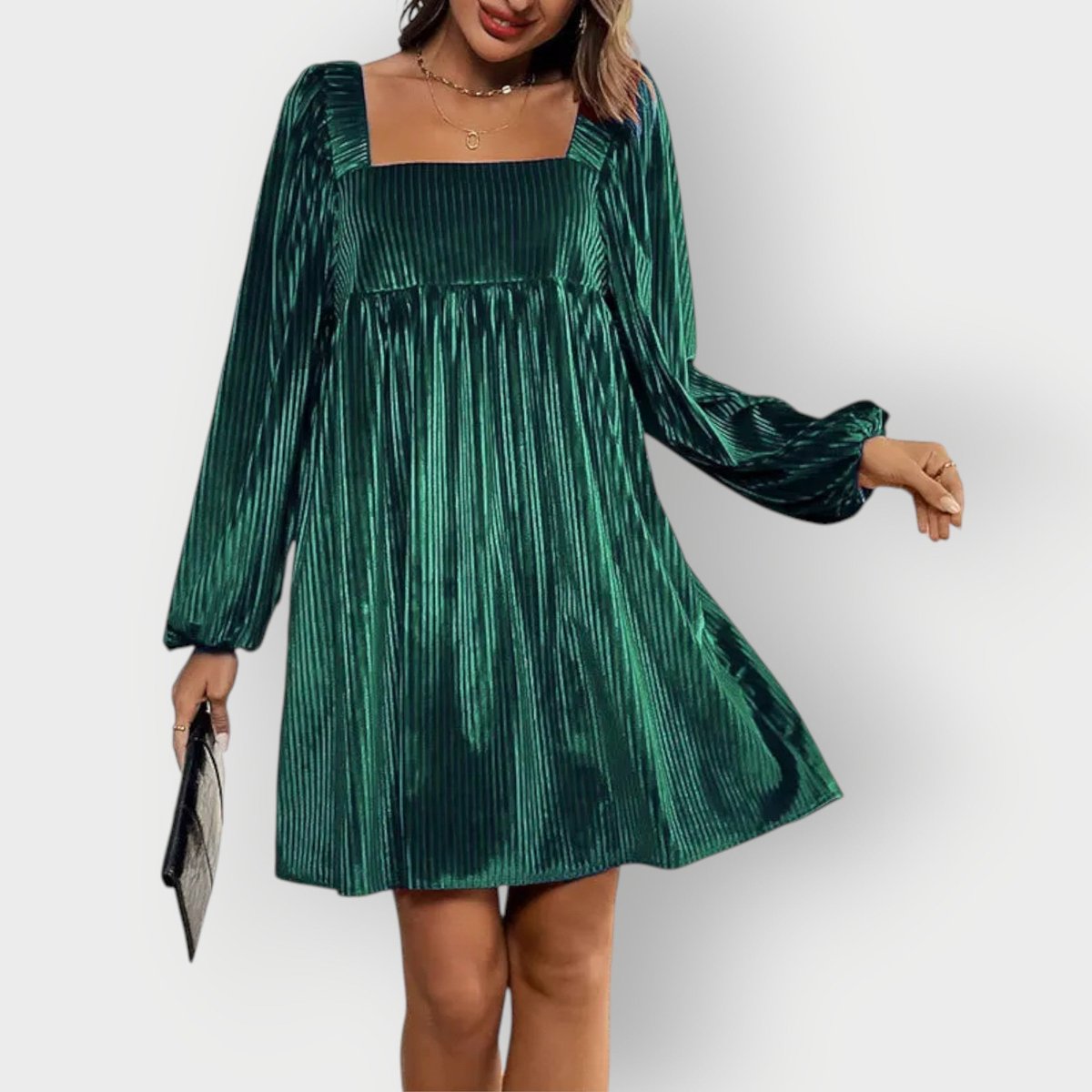 Women's Pleated Velvet Square-Neck Babydoll Formal Dress - Dark Green