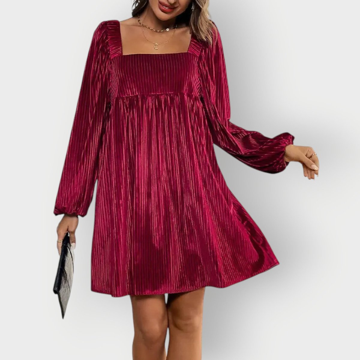Women's Pleated Velvet Square-Neck Babydoll Formal Dress - Wine Red