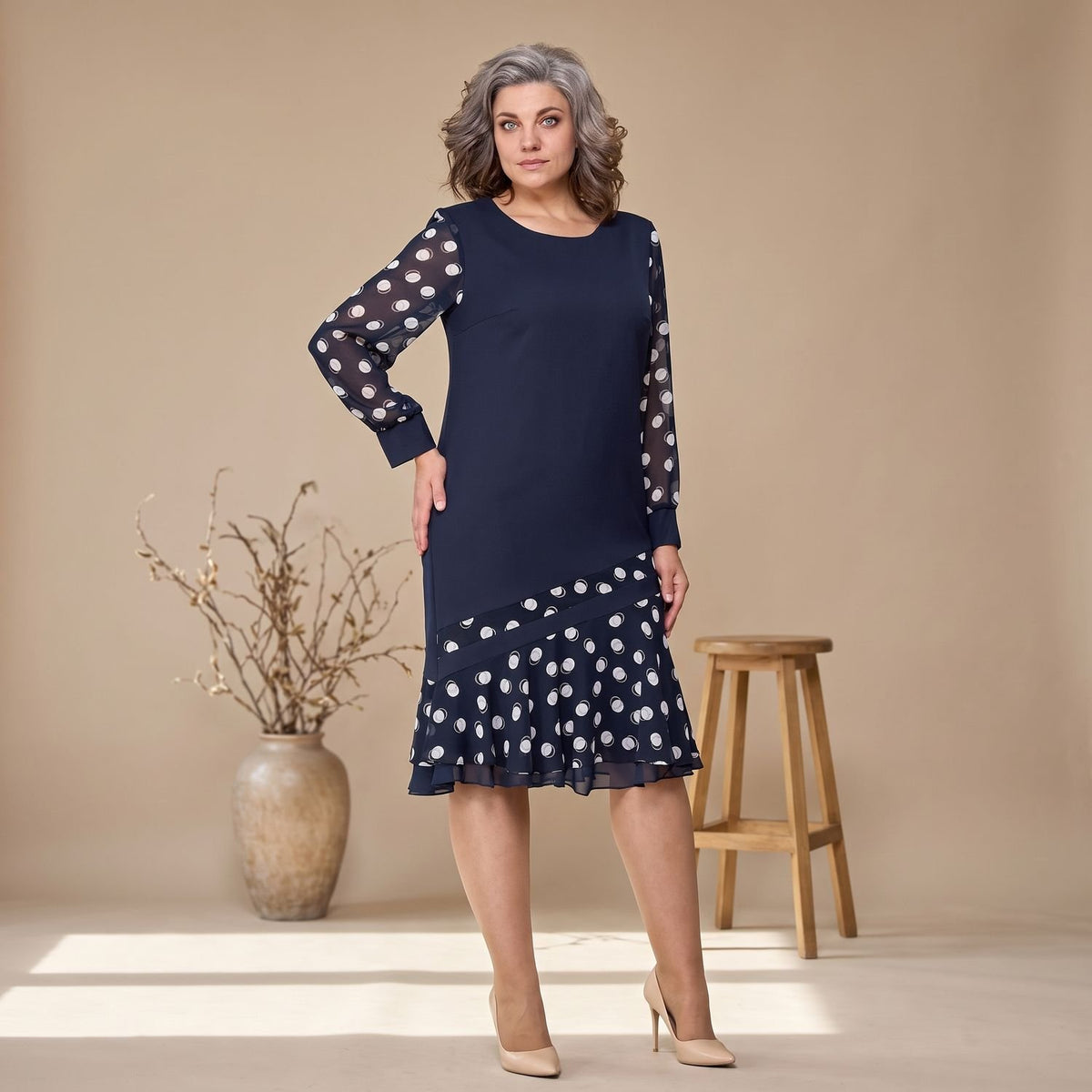 Women's Plus Size Elegant Chiffon Polka Dot Cocktail Party Dress
