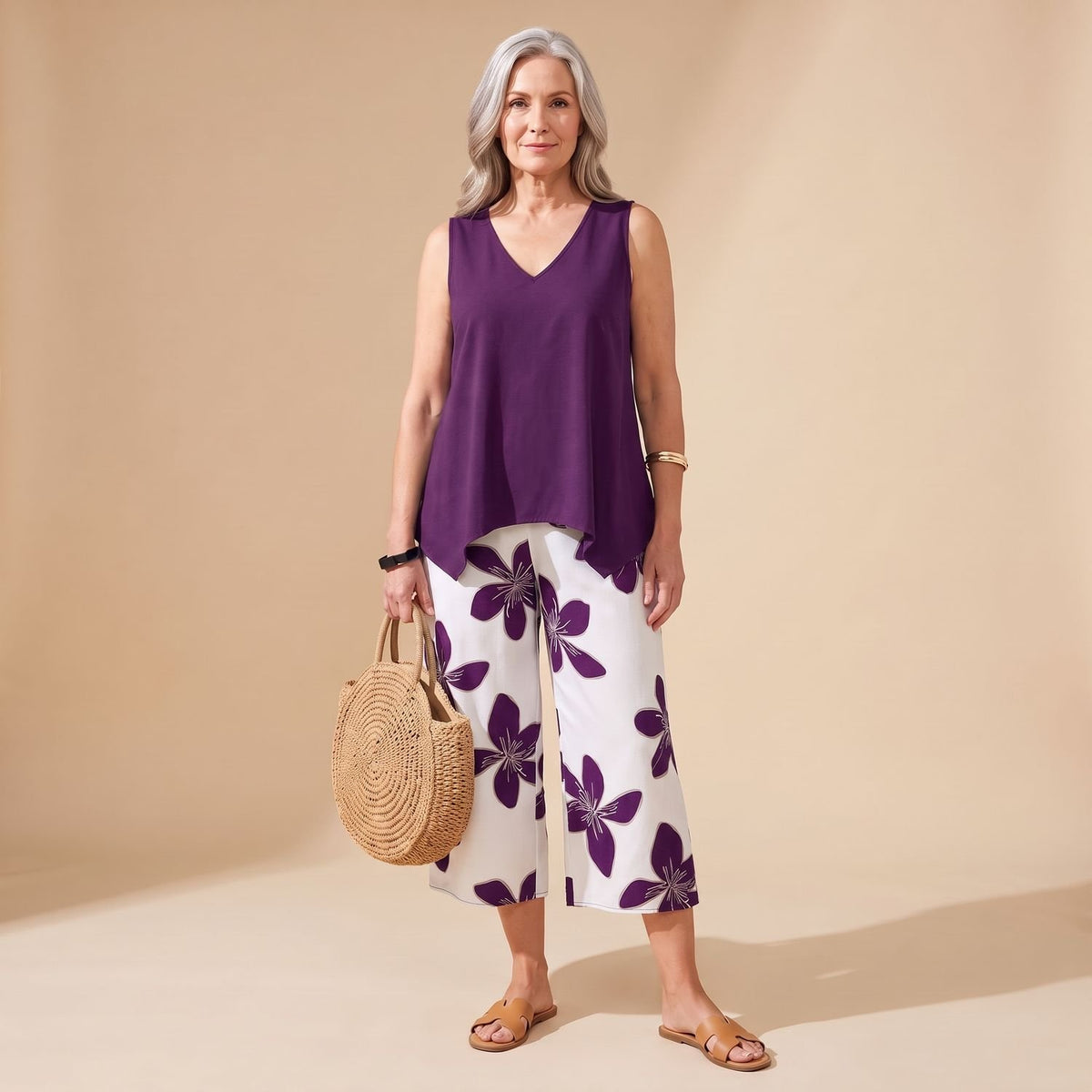 Women's Plus Size Floral Capri Coord Set Sleeveless V-Neck Two-Piece - Purple