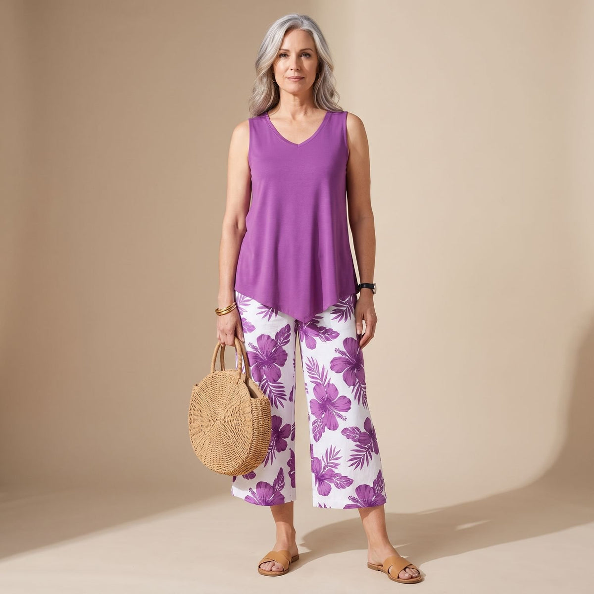 Women's Plus Size Floral Capri Coord Set Sleeveless V-Neck Two-Piece