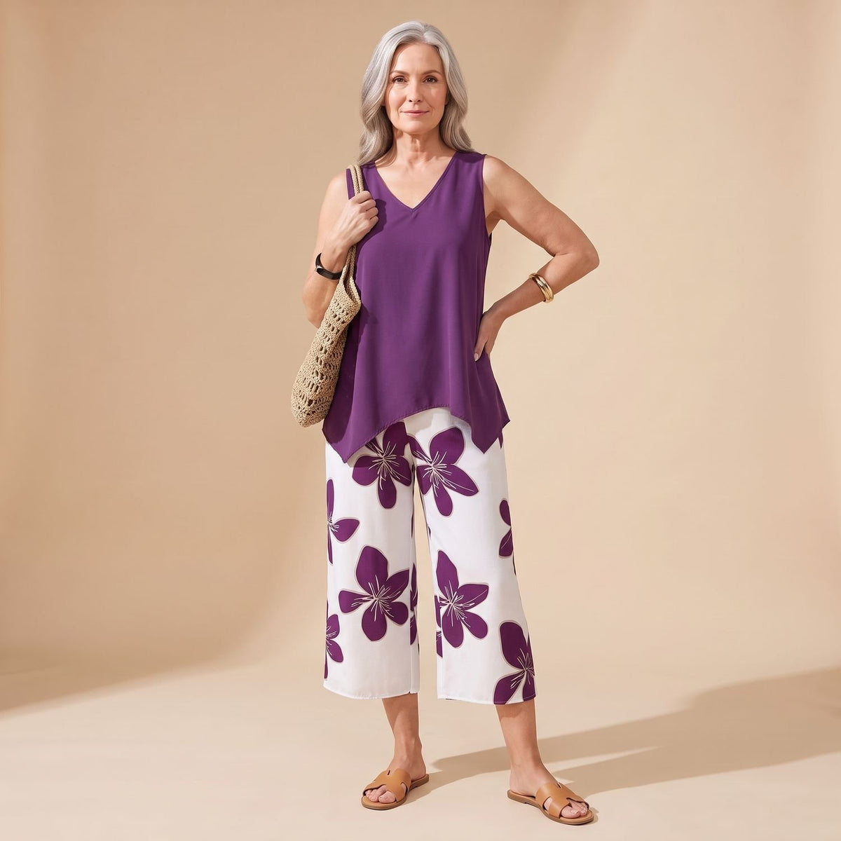 Women's Plus Size Floral Capri Coord Set Sleeveless V-Neck Two-Piece