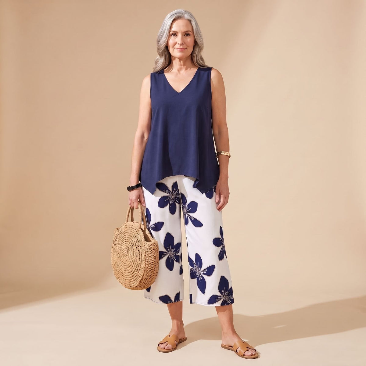 Women's Plus Size Floral Capri Coord Set Sleeveless V-Neck Two-Piece