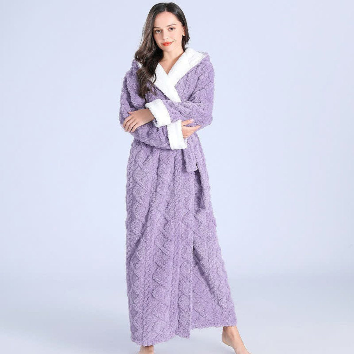 Womens Plush Fleece Ankle-Length Loungewear Bathrobe - Purple