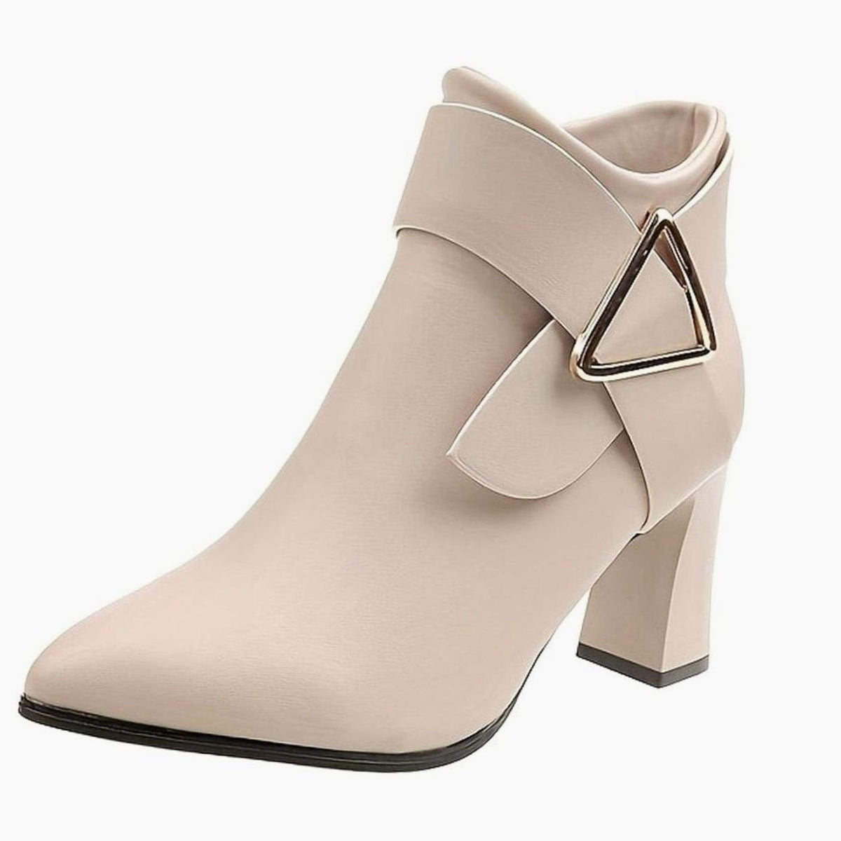 Women's Pointed-Toe Block Heel Ankle Boots Buckle Detail - Beige