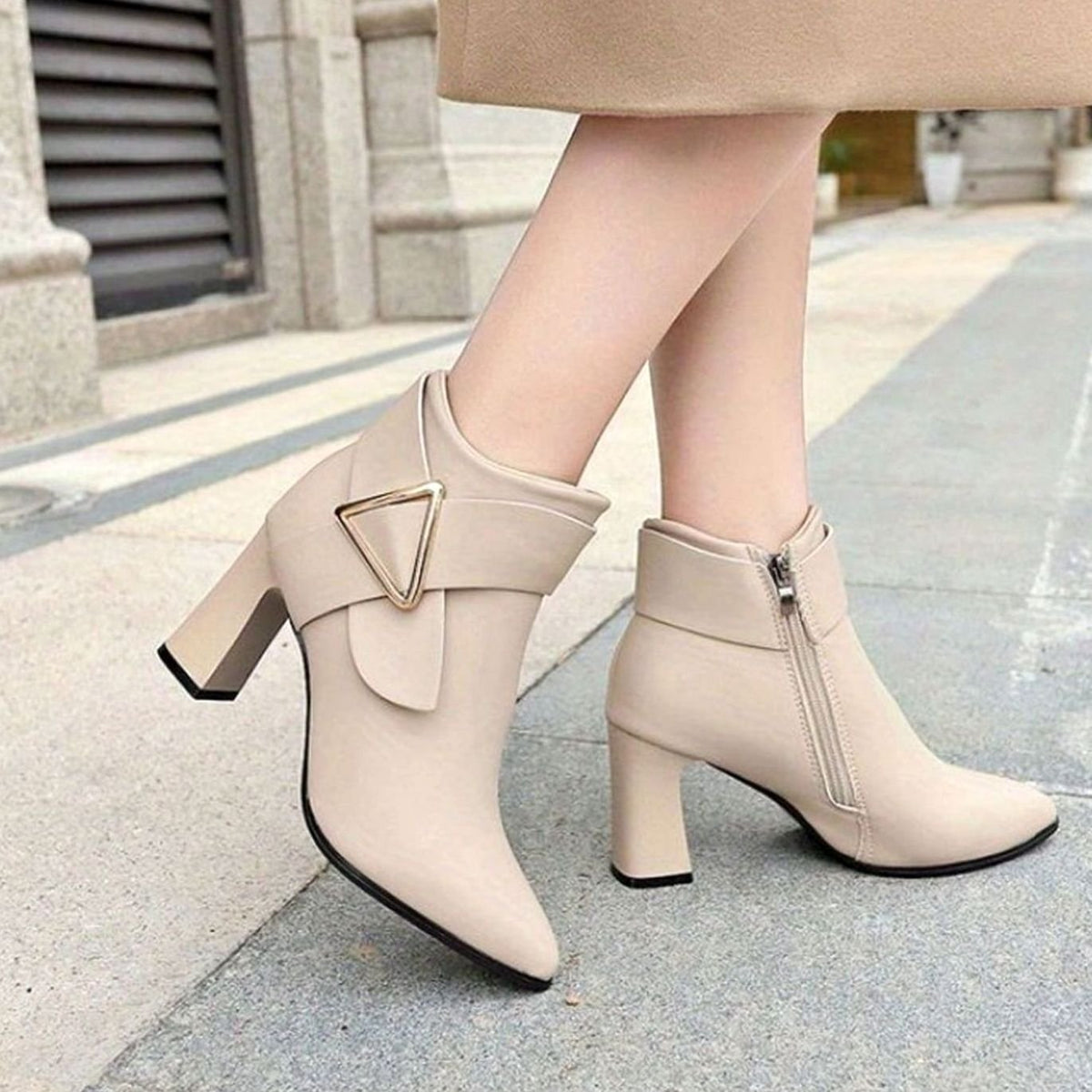 Women's Pointed-Toe Block Heel Ankle Boots Buckle Detail