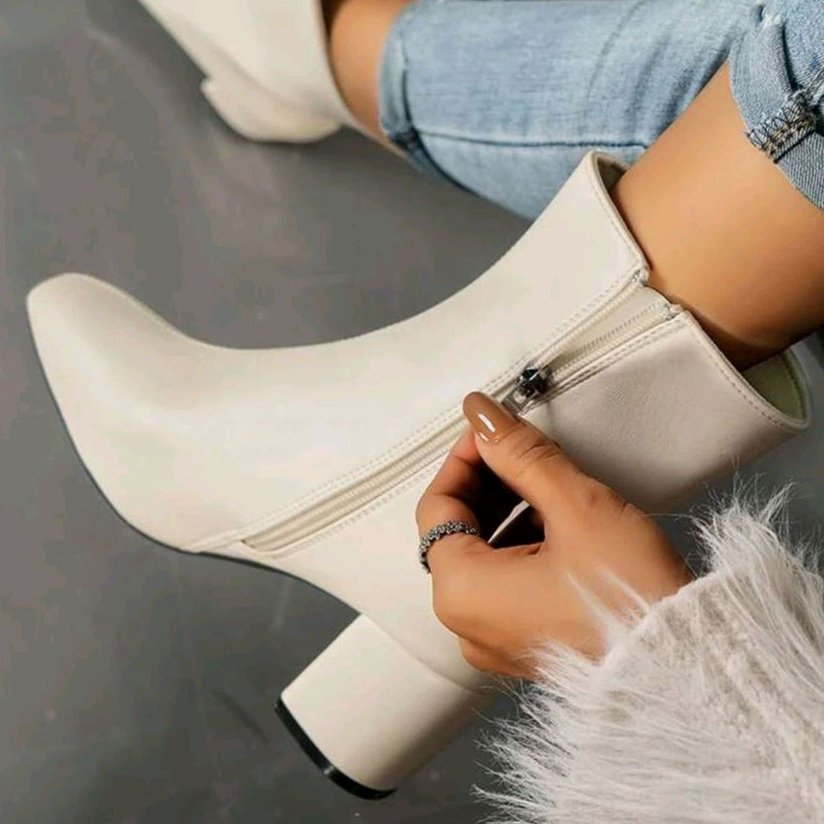 Women's Pointed-Toe Block-Heel Faux Leather Ankle Boots