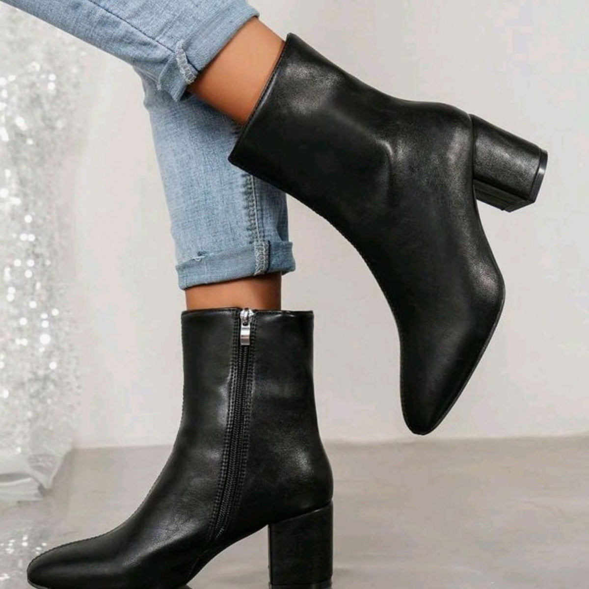 Women's Pointed-Toe Block-Heel Faux Leather Ankle Boots