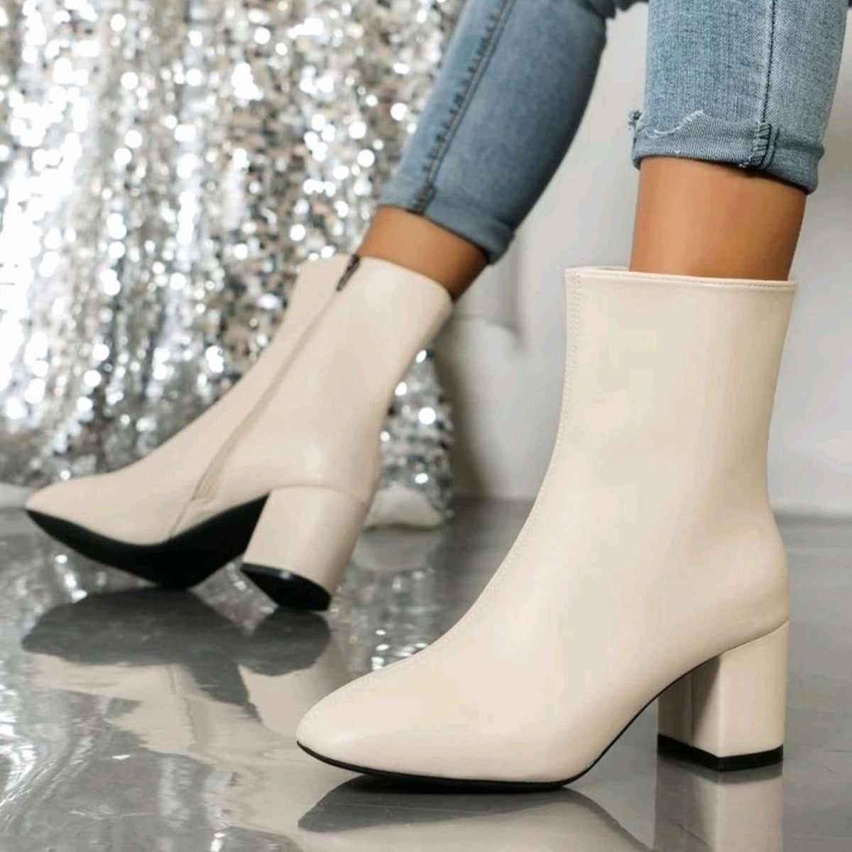 Women's Pointed-Toe Block-Heel Faux Leather Ankle Boots