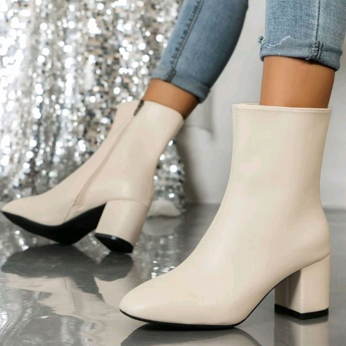 Women's Pointed-Toe Block-Heel Faux Leather Ankle Boots - Beige