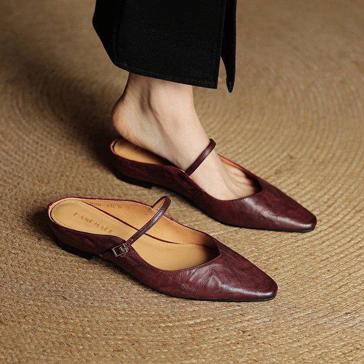 Women's Pointed-Toe Mary Jane Leather Slip-On Mule Flats - Braun