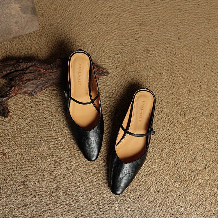 Women's Pointed-Toe Mary Jane Leather Slip-On Mule Flats