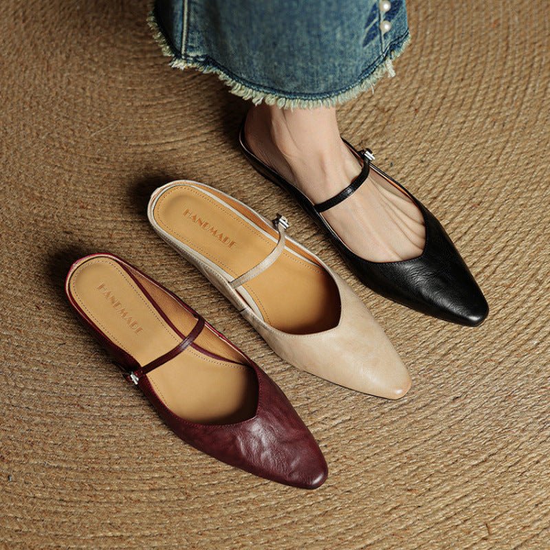 Women's Pointed-Toe Mary Jane Leather Slip-On Mule Flats