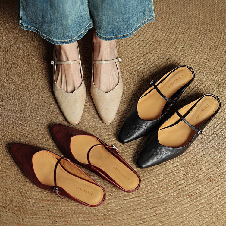 Women's Pointed-Toe Mary Jane Leather Slip-On Mule Flats