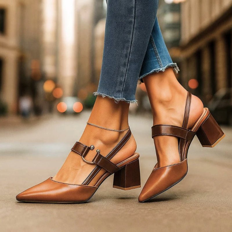 Women's Pointed-Toe Slingback Block-Heel PU Leather Pumps - Brown