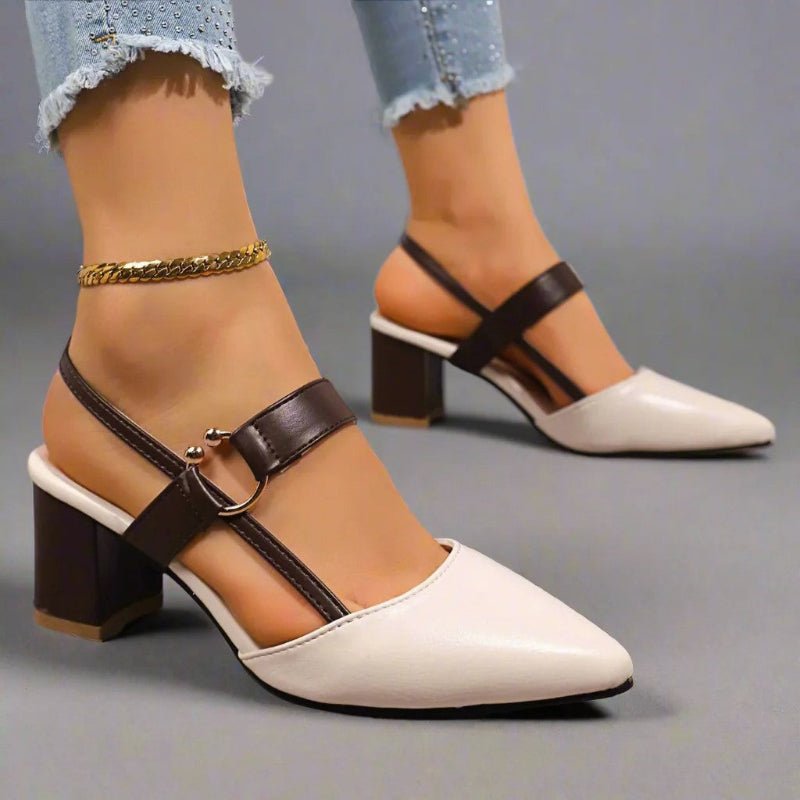 Women's Pointed-Toe Slingback Block-Heel PU Leather Pumps - Beige