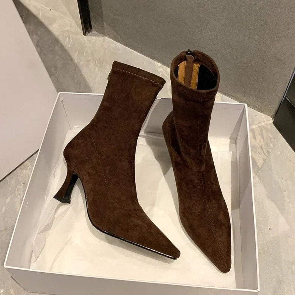 Women's Pointed Toe Suede Sock Womens Ankle Boots Kitten Heel