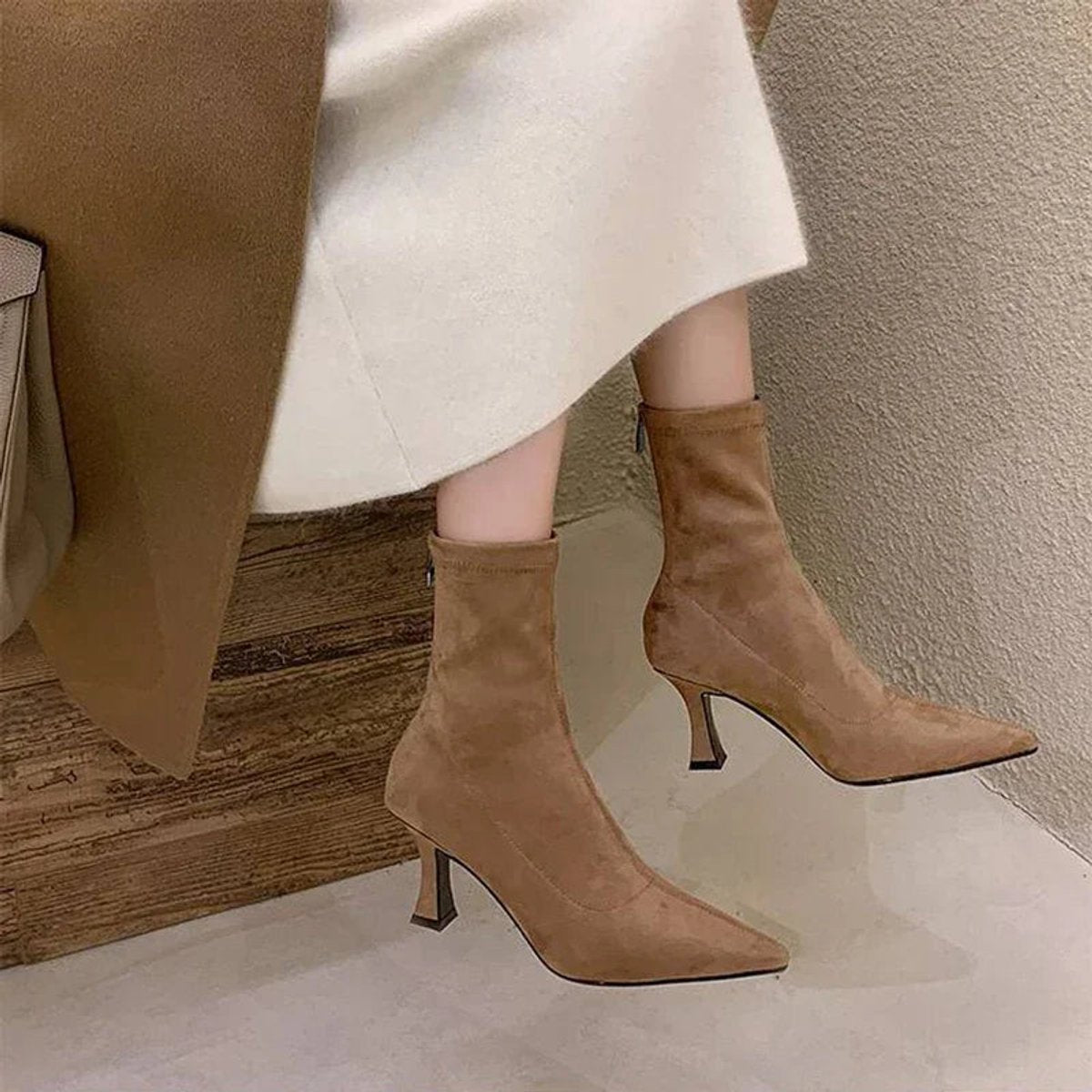 Women's Pointed Toe Suede Sock Womens Ankle Boots Kitten Heel - Khaki