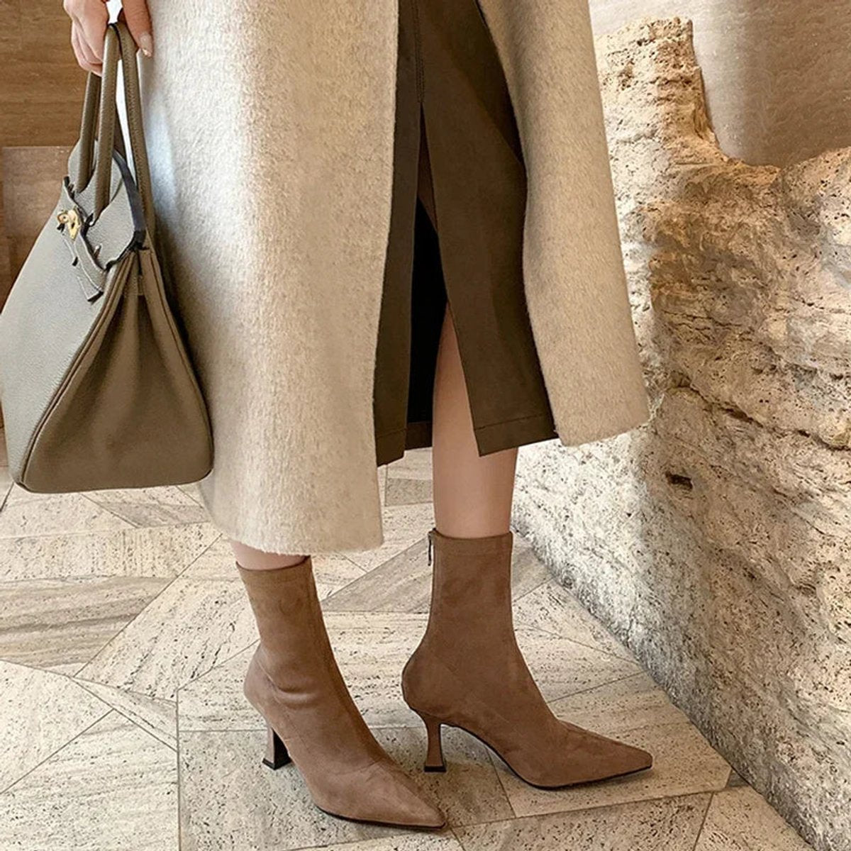 Women's Pointed Toe Suede Sock Womens Ankle Boots Kitten Heel