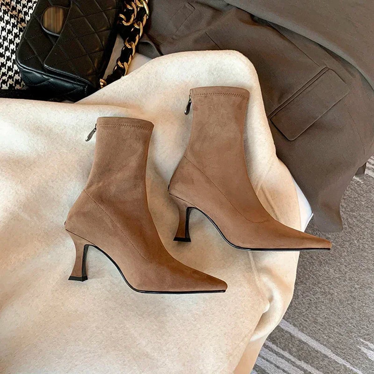 Women's Pointed Toe Suede Sock Womens Ankle Boots Kitten Heel