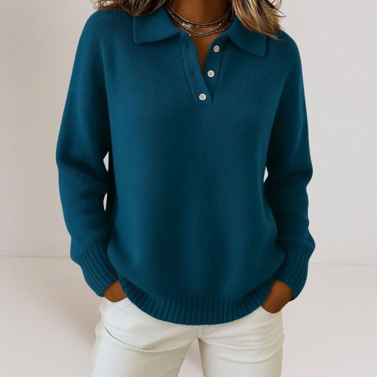 Women's Polo Collar Button Placket Knit Jumper - Dark Blue