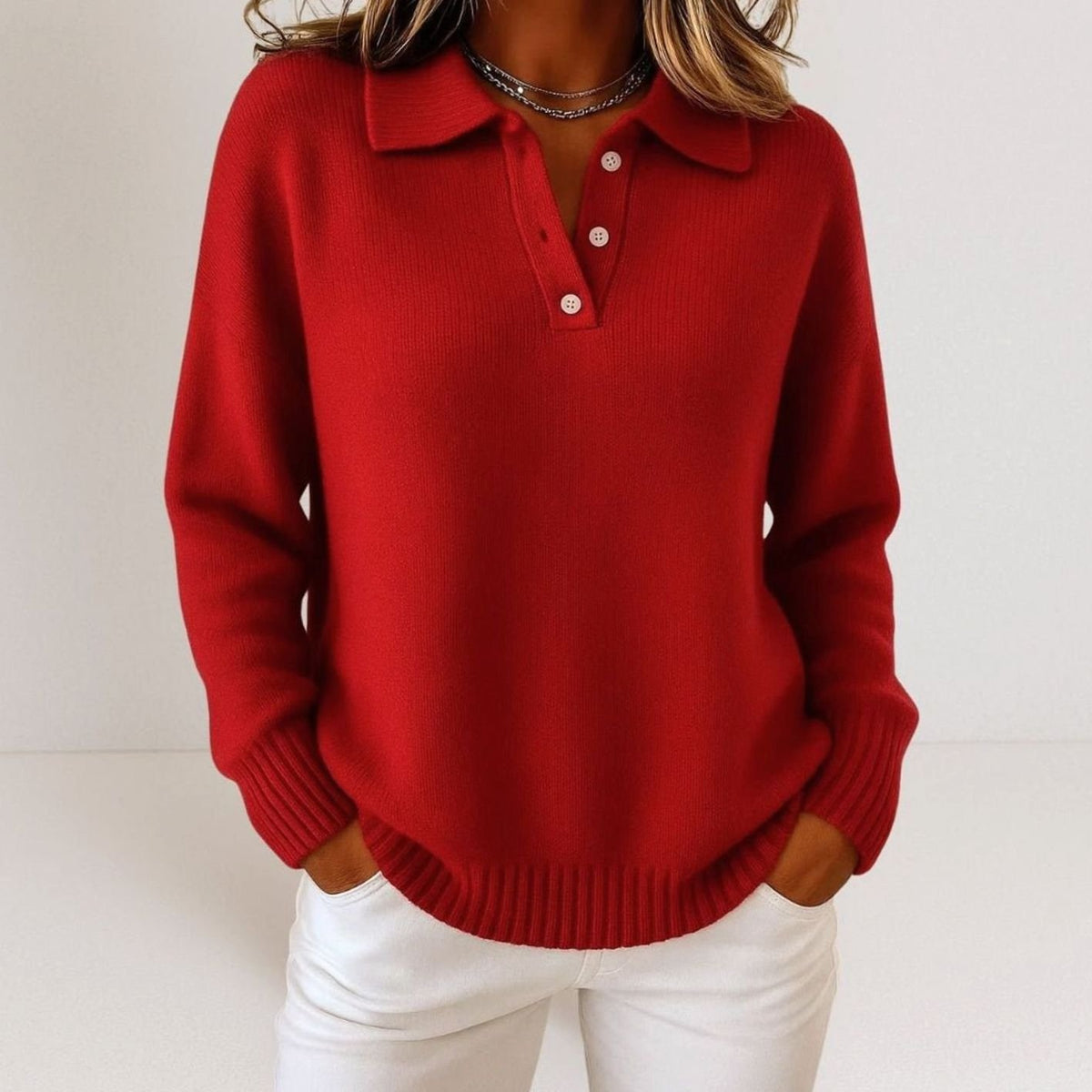 Women's Polo Collar Button Placket Knit Jumper - Red
