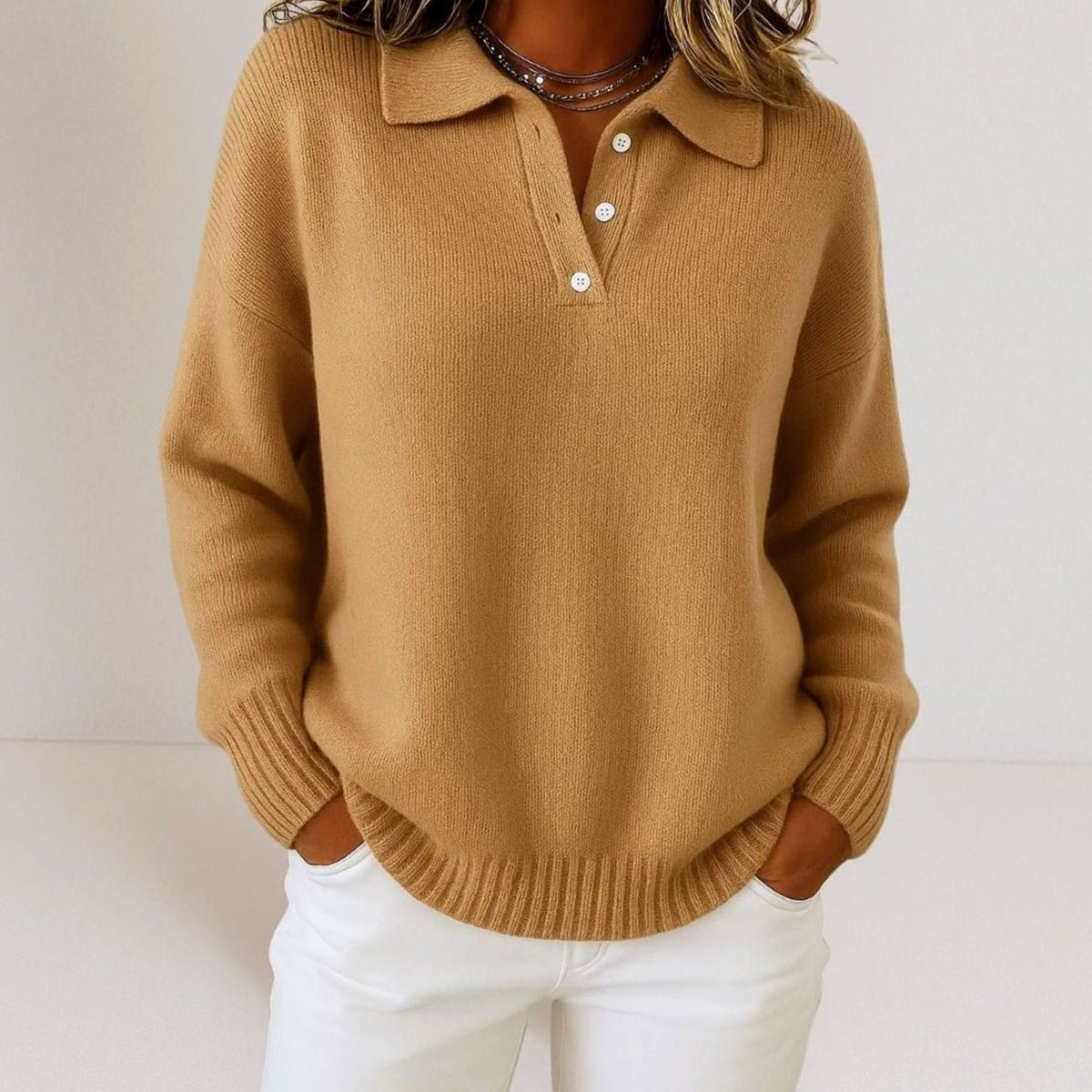 Women's Polo Collar Button Placket Knit Jumper - Brown