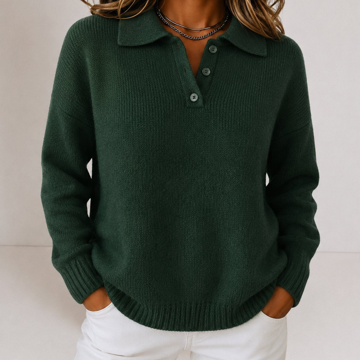 Women's Polo Collar Button Placket Knit Jumper - Green