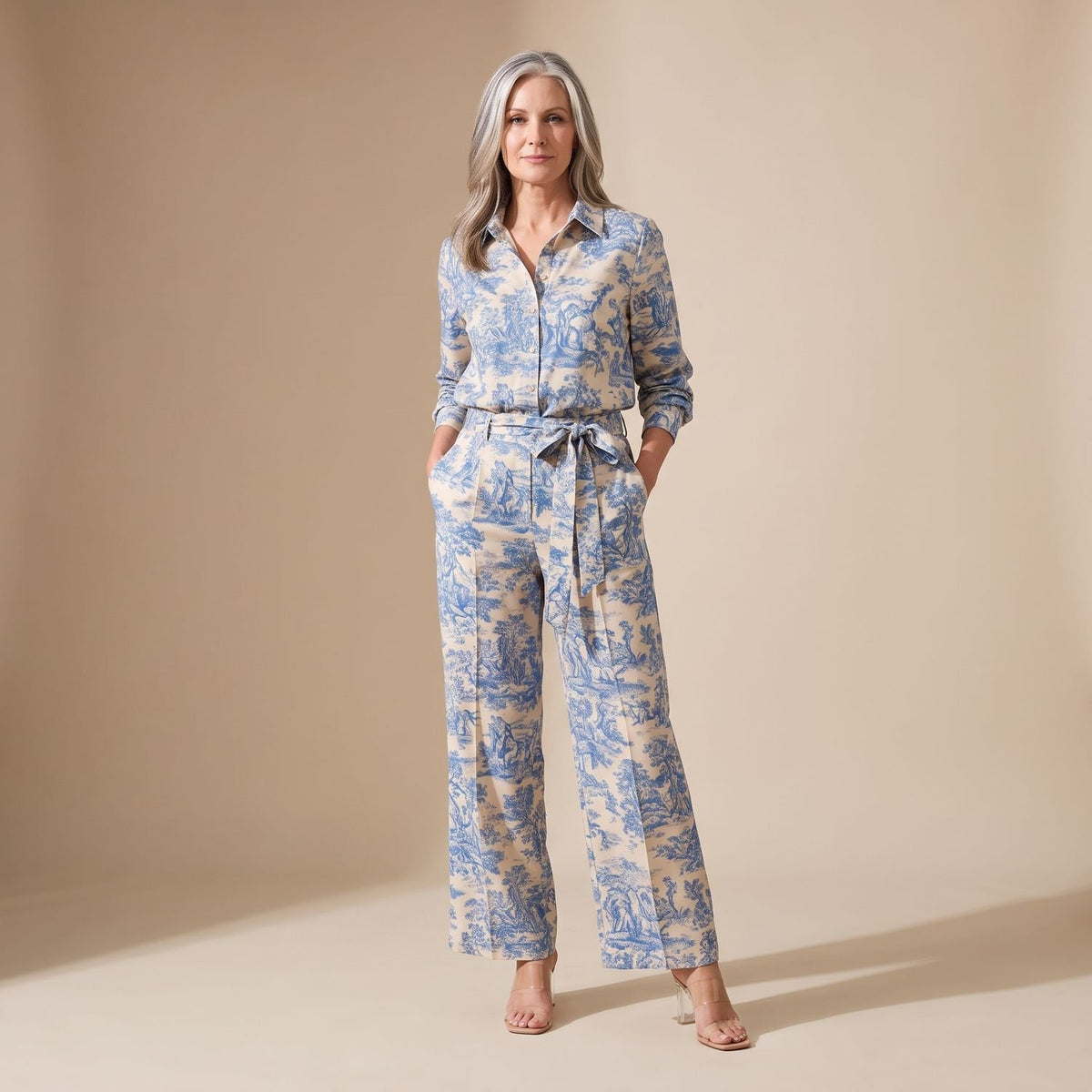 Women's Printed Wide-Leg Lapel Shirt Coord Set