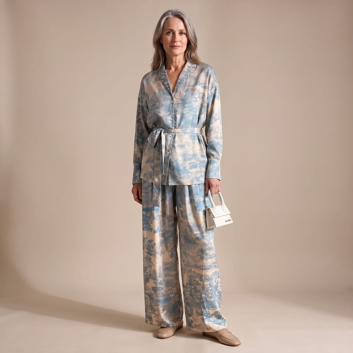 Women's Printed Wide-Leg Lapel Shirt Coord Set