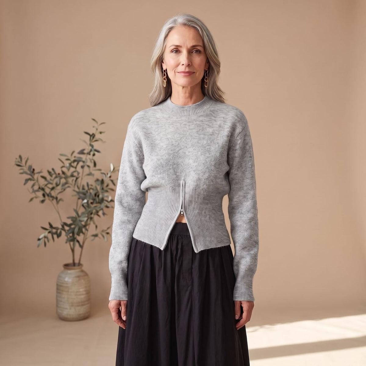 Women's Quarter Zip Jumper Fitted-Waist Flared-Sleeve Knit Jumper - Grey