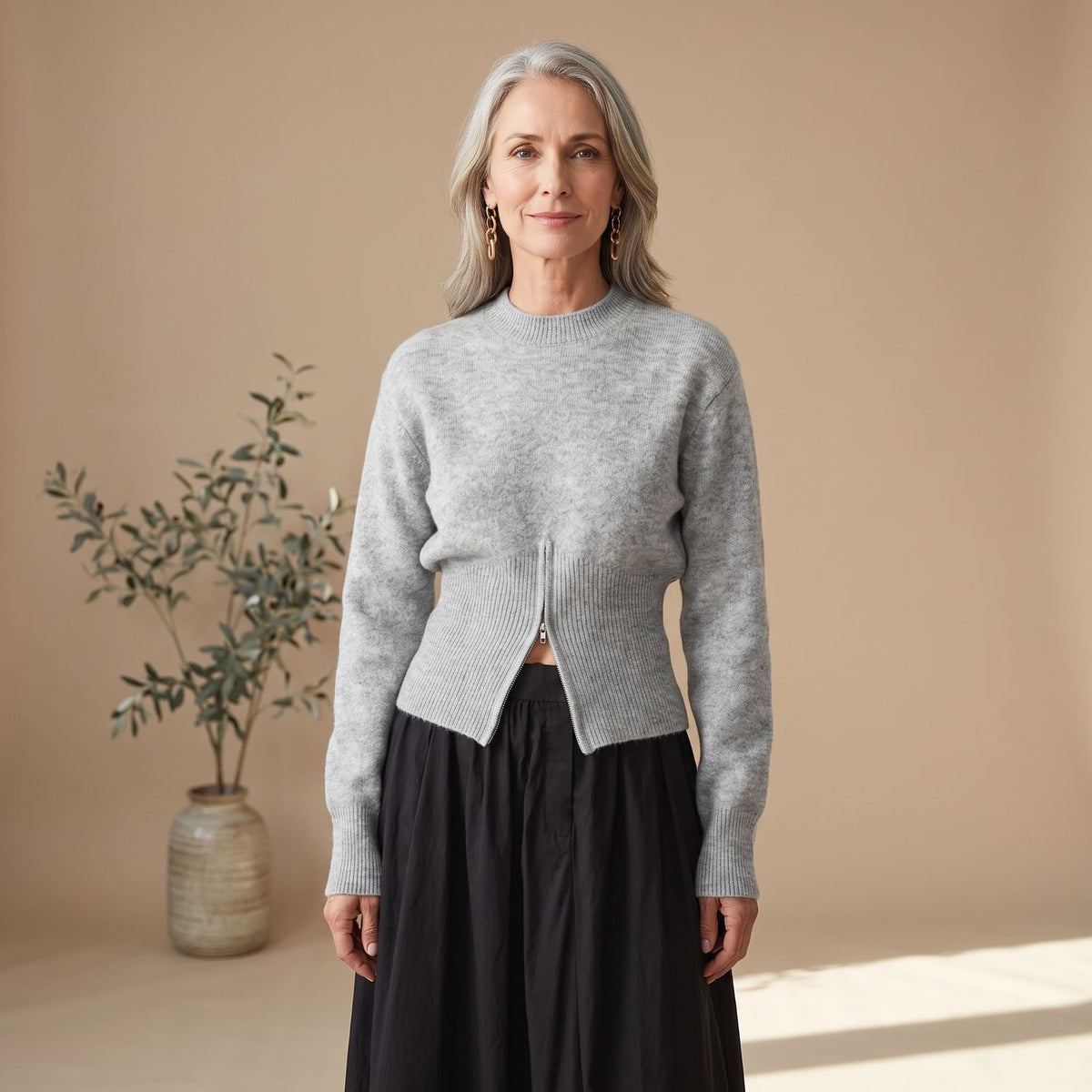 Women's Quarter Zip Jumper Fitted-Waist Flared-Sleeve Knit Jumper