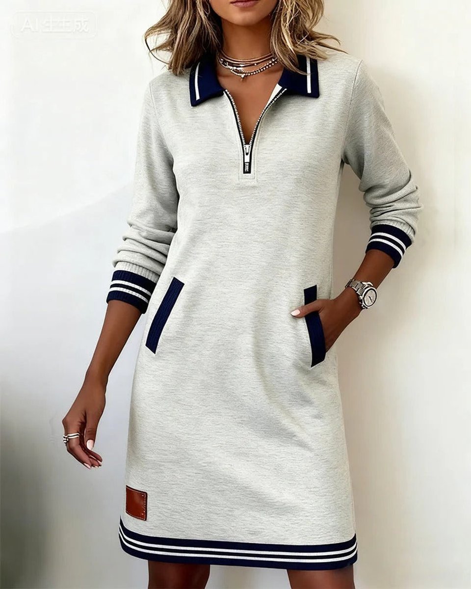 Women's Quarter-Zip Polo Long Sleeve Dress Striped Trim Pockets - Grey