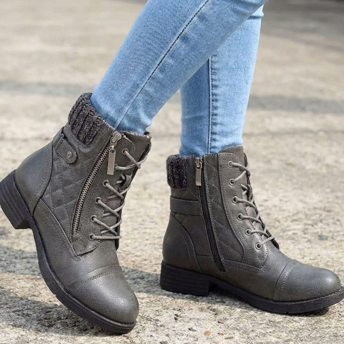 Women's Quilted Faux-Leather Lace-Up Ankle Boots - Grey