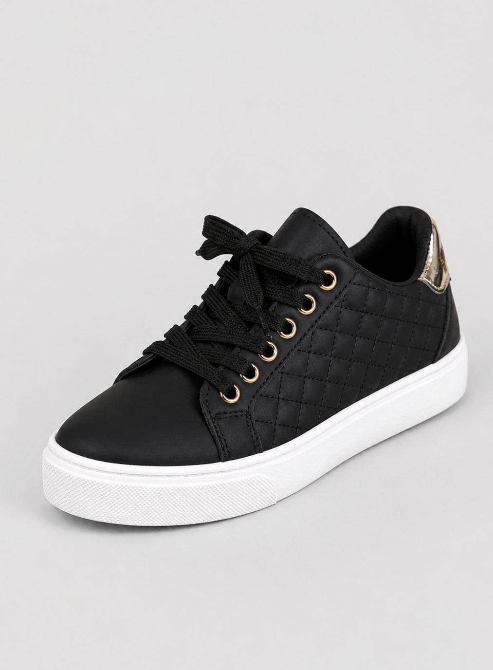 Women's Quilted Faux-Leather Lace-Up Low-Top Trainers - Black